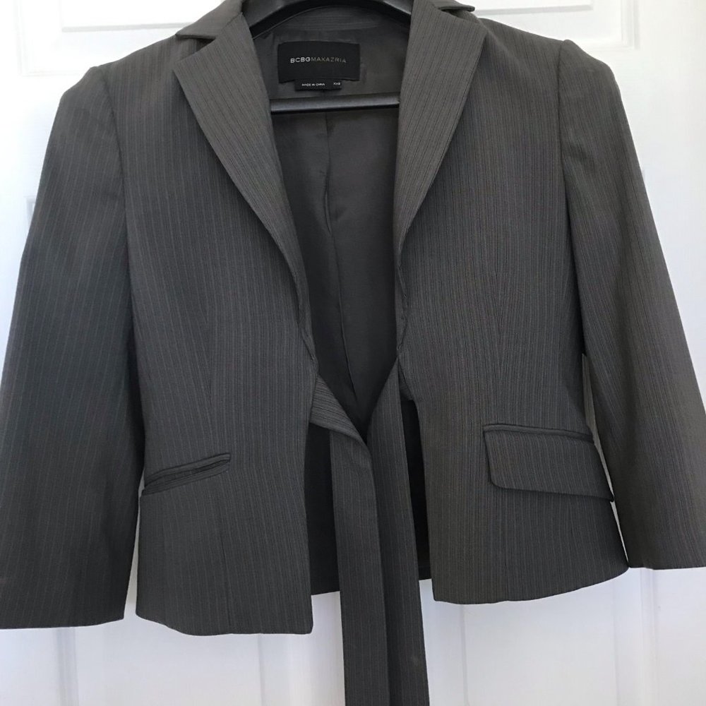 BCBG Grey Blazer Jacket XXS, tie front 3/4 sleeves